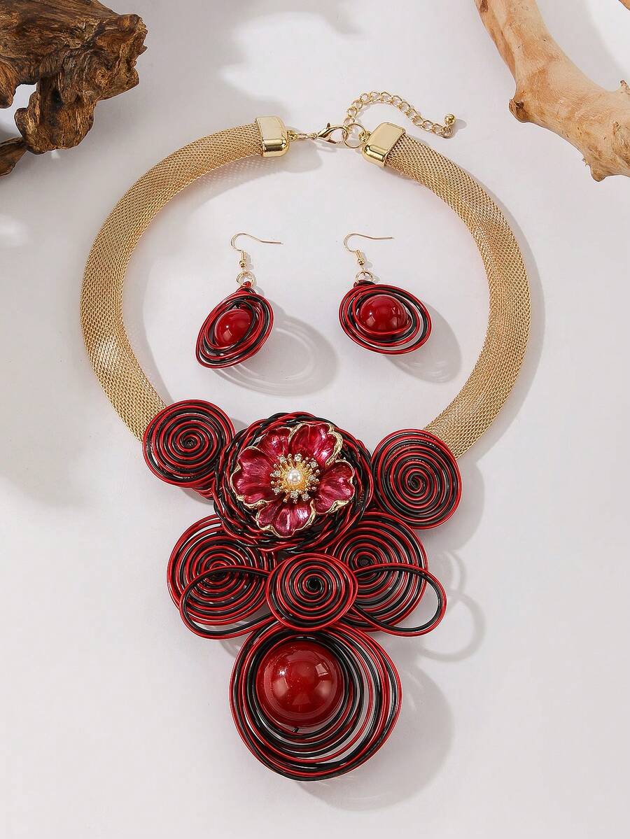 1 Set Gorgeous Vintage Necklace & Earrings Handmade Mature Elegant Personalized Fashion Evening Dress Party - Red - View 1