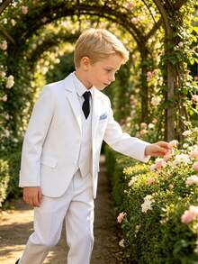 Boys White 5 Piece Suit Set Wedding Tuxedo Blazer Vest Pants Shirt Tie Formal Outfit Toddler Back To School Photoshoot - 白色 - 查看 4