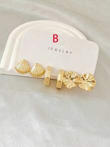 Timeless Ocean-Themed Gold Earrings, Flower Shell Geometric Multi-Style Face-Slimming Earring Set - Gold - View 7