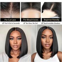 200% Density Wear And Go Straight 4x4 5x5 Lace Front Wigs For Women - Put And Go Glueless Lace Closure Wigs - #1B Natural Black Color Pre-Plucked Invisible Hairline Daily Wear Straight Mixed Human Blended Hair Frontal Hair Wigs Glueless Wig Daily Use - Natural & Black - View 7