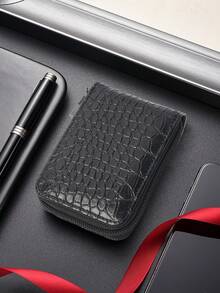 HOVI'S Men's Slim PU Card Holder - Stone Texture, Zipper Closure & Multiple Card Slots, Durable PU Material, Compact Portable Credit Card Organizer - Black - View 4