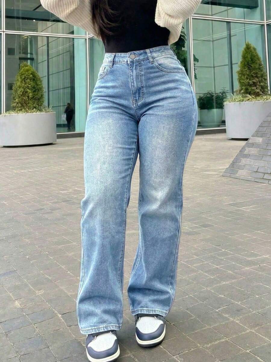 Women's Vintage-Style Wide-Leg Straight-Leg Jeans, Casual For Spring - 中等水洗藍色 2 - 查看 1
