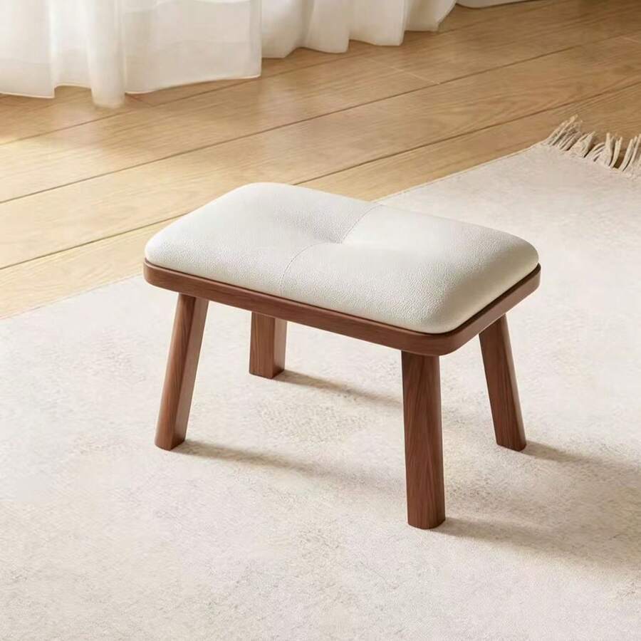 Solid Wood Padded Ottoman Foot Stool, 4 Grid Tufted PU Upholstered Low Stool, Multi-Purpose Entryway Shoe Changing Stool, Minimalist Indoor Seat Stool For Living Room Bedroom Dining Room Home Furniture - Walnut - View 1
