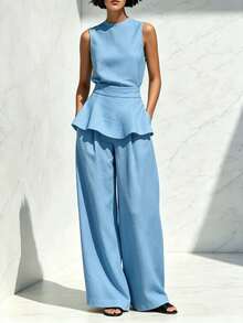 Women's Two-Piece Set: Sleeveless Blouse With Round Neck, Ruffled Hem, Fitted Waist, And Textured Palazzo Pants; Elegant Casual Outfit For Office, Everyday Wear, And Going Out - 天藍色 - 查看 2
