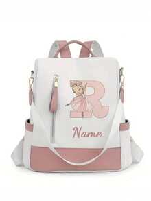 Personalized Custom Name A-Z 26 English Letters Premium Backpack, Fashion Anti-Theft Versatile Large Capacity Travel School Bag, Exquisite Cute Pink Ballet Girl Pattern Fashion Contrast Color Design Lightweight Large Capacity, Perfect For Daily Outings, Work Commute, School - White and Pink - View 9