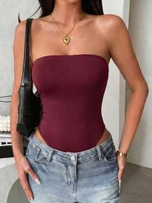 Bodysuit Feminino Sem Alças de Cor Sólida, Versátil para Uso Diário, Sexy & Fashion Verão - Vinho - Visão 6