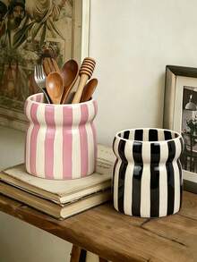 1pc Striped Ceramic Storage Jar, Kitchen Utensil Holder, Tableware Organizer, Multi-Color Striped Pattern, Suitable For Kitchen Storage, Tableware Organization, Home Decor, Back To School Supplies, Holiday Gifts - Multicolor - View 5