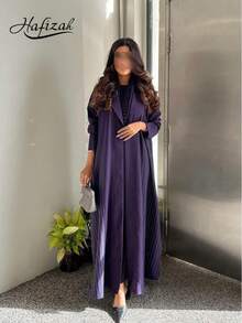 Women's Striped Purple Abaya Coat, Elegant Open Front Robe With Lapel Collar, Suitable For Daily Commute,Modest,Kaftan Eid Spring - Purple - View 2