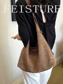 FEISTURE 1 pieza Bolso de hombro tejido de gran capacidad para mujer - Caqui - Ver 8