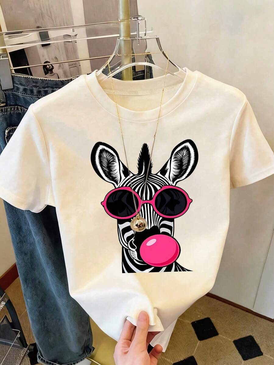 NewSummerCasual Plus Size Zebra Print T-Shirt, Crew Neck, High Elasticity, Casual White-Vintage Street Style Unisex Loose Cotton Short Sleeve Crew Neck T-Shirt - 杏色 - 查看 1