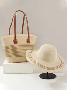 1pc Women's Bohemian Style Wide Brim Straw Hat And 1pc Woven Shoulder Bag Set, Elegant Sun Hat Beach Tote Bag, Suitable For Outdoor Leisure, Travel, Vacation - Hat and Bag Set - View 10