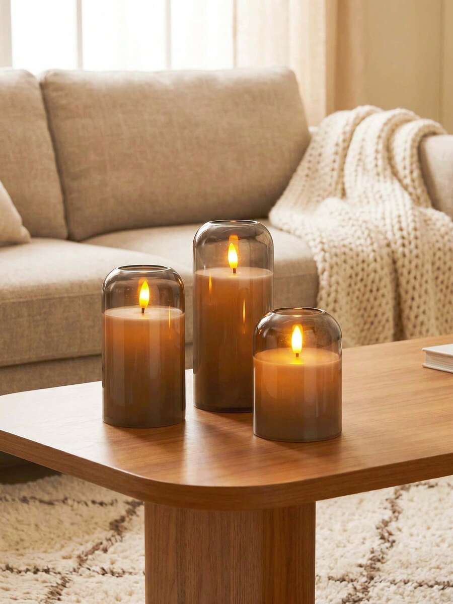3pcs Flameless Candle Lights, Realistic Glass Candle Holder Lamps With Timer And Remote Control, Battery Operated LED Wish Electronic Candles, Suitable For Wedding, Dining Table, Halloween, Christmas, Valentine's Day, Desktop Decoration And Holiday Decor - Gray Arc Lamp - View 1