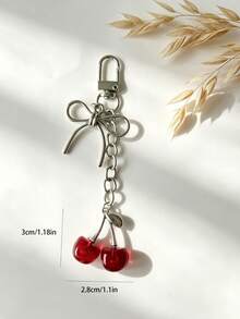1pc Realistic 3D Cherry Bow Keychain Decoration, Bag Accessory, Phone Charm Pendant - A - View 4
