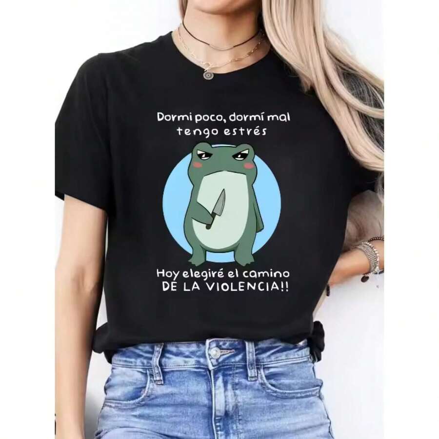 Camiseta informal de manga corta para mujer con estampado del alfabeto español y diseño de cocodrilo de dibujos animados, cuello redondo, Top para todas las estaciones - Negro - Ver 1
