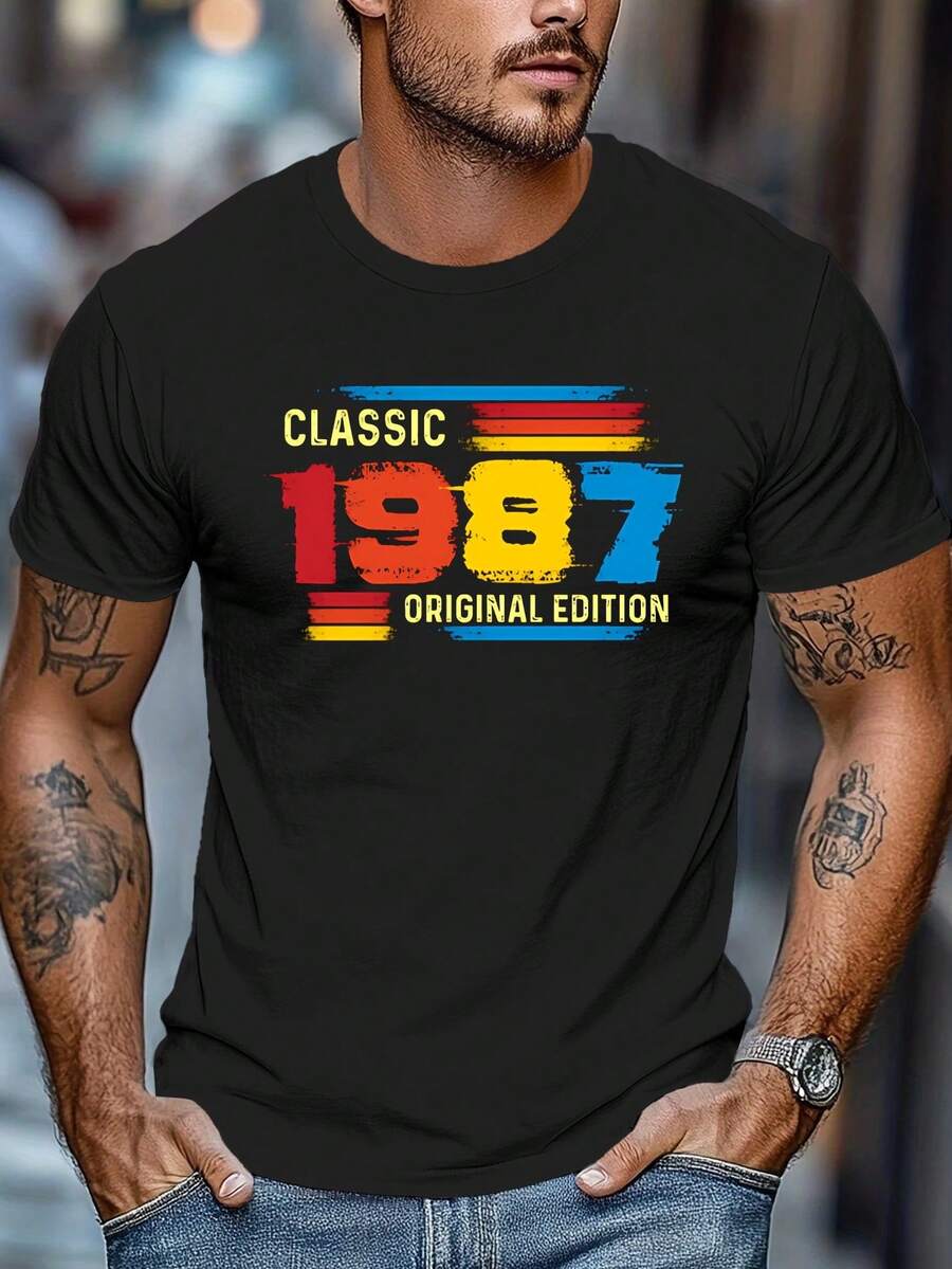 Men's Vintage Short-Sleeve T-Shirt, Perfect For Summer And Birthdays - 黑色 - 查看 1