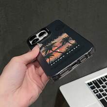 1pc Black Frame Large Window Metal Silver Sunset Coconut Tree Vintage English Film Full Coverage Shockproof Phone Case, Ins American Island Vacation Gentle Unisex Commute Niche Gift Protective Cover, Compatible With IPhone17/17Pro/17ProMax/16/11/16Plus/16ProMax/16e/15ProMax/13/14/12/14ProMax/12ProMax/13ProMax/12Pro/13Pro/14Pro - Black Frames, Matte Gray - View 6