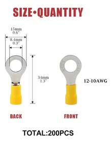 200pcs Electrical Terminals Eyelets Kit 12-10 Gauge Awg Yellow - Yellow - View 3