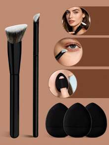 Set de 5 piezas de brochas mini para corrector, brocha angular para base, brocha triangular para corrector, brocha pequeña para corrector - Negro - Ver 2
