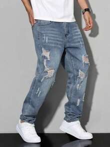 Tween Boys' Simple Distressed Pocket Denim Jeans, Suitable For Casual Daily Wear - Medium Wash - View 4