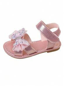 1 Pair Of Girls' 3D Mesh And Rhinestone Butterfly Glitter Hook And Loop Open-Toe Flat Sandals, Sweet Princess Style, Perfect For Everyday Summer Wear. - Pink - View 9