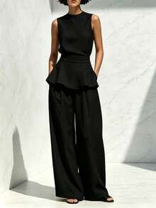 Women's Two-Piece Set: Sleeveless Blouse With Round Neck, Ruffled Hem, Fitted Waist, And Textured Palazzo Pants; Elegant Casual Outfit For Office, Everyday Wear, And Going Out - 黑色 - 查看 6