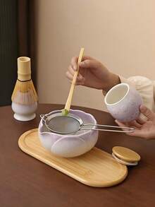 7-Piece Lotus Shaped Gradient Ceramic Portable Matcha Set, Complete Matcha Making Tools With Storage Bag - Multicolor - View 7