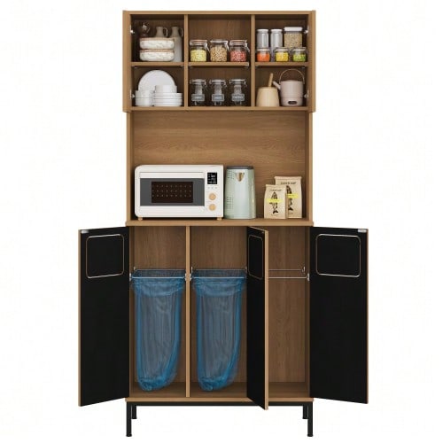 Waste Cabinet, Three-Door Kitchen Unit With Recycling Compartments, 181 Cm High, Oak Finish, 3 Compartments For Waste Sorting, Microwave Shelf And Vacuum Cleaner Storage Space, 80 X 35 X 181 Cm
