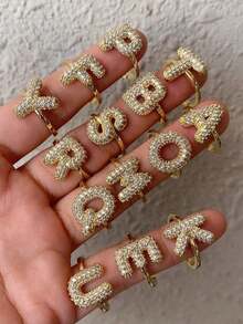 1 Pieza Anillo de Letra Inicial con Circonita Dorada para Mujeres, Anillo Abierto Ajustable, Joyería de Moda Estética para Boda, Regalo - Estilo de letra - Ver 1