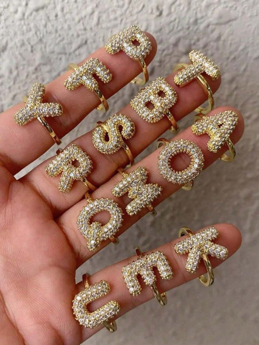 1 Pieza Anillo de Letra Inicial con Circonita Dorada para Mujeres, Anillo Abierto Ajustable, Joyería de Moda Estética para Boda, Regalo - Estilo de letra - Ver 1