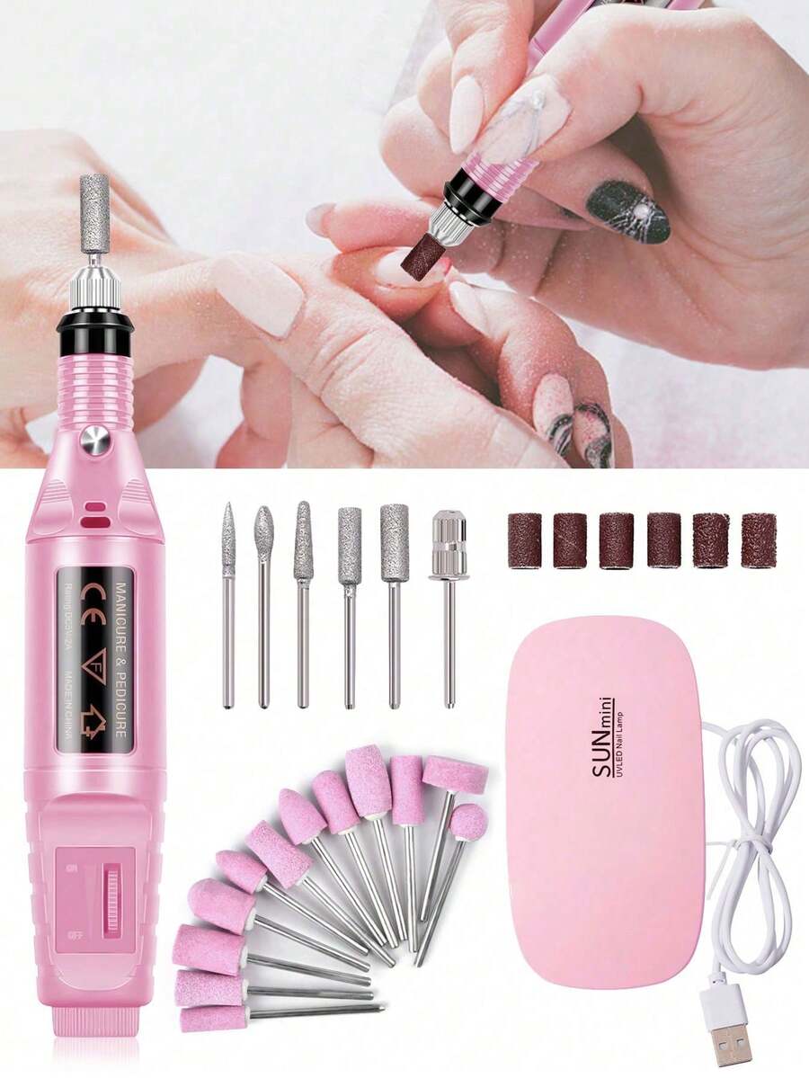 8件組美甲電鑽套組－便攜式粉色迷你鼠型美甲燈美甲烘乾機 UV/LED燈，附便攜式Micro USB電源線，家用凝膠美甲烘乾機，7件專業拋光機，高品質家用美甲與足部電鑽套組，美甲與足部磨甲設備，專業強力美甲拋光工具 SB Power LED美甲燈－便攜快乾美甲工具，適用專業凝膠美甲指甲油