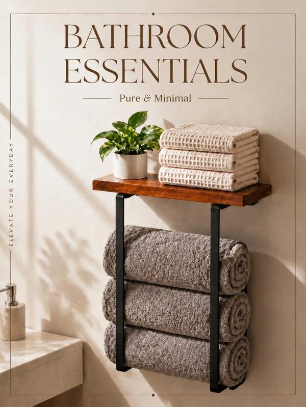 1pc 15.7" High Wooden & Metal 2-In-1 Towel Rack With Shelf, Vintage Industrial Style Wall-Mounted Towel Bar, Retro Wooden Black Rectangle Bathroom Shelf For Rolled Towels, Toiletries, Spa, Hotel, Home Decor
