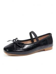 2026 New French Vintage Mary Jane Shoes PU Textured Black Bow Flat Shoes Versatile Comfortable Black Daily Soft Sole Shoes - Black - View 2