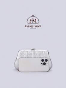 【Shiny Evening Bag】女士金屬質感 PU 手拿包，水滴形水鑽扣飾盒型包，輕奢晚宴包，可肩背斜跨小方包，適合婚禮、派對、生日、舞會 - 銀色 - 查看 5