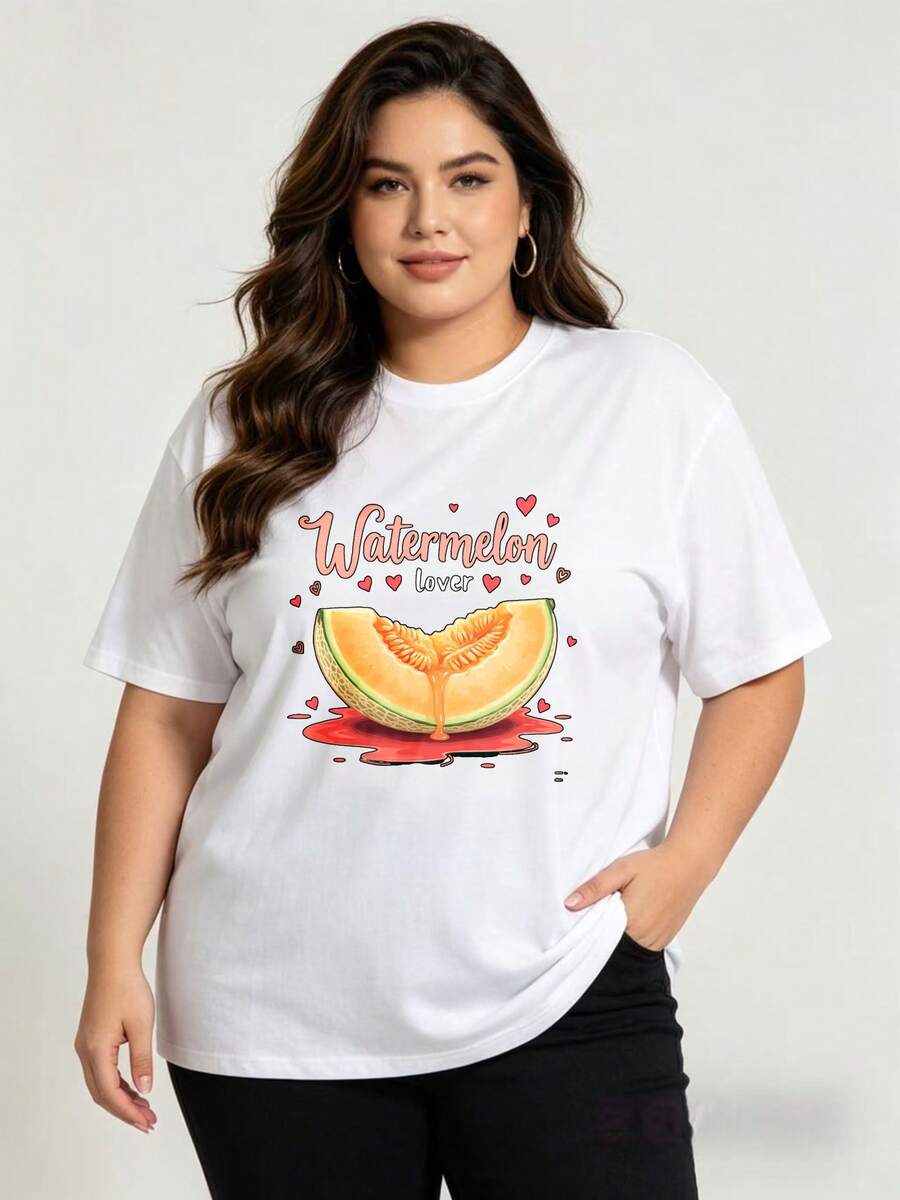 Camiseta de Mujer Más Vendida - Estilo Casual de Verano, Camiseta de Cuello Redondo 100% Oversize para Mujer, Diseño de Amante de la Sandía con Lindas Rodajas de Sandía y Patrón de Corazón, - Blanco - Ver 1