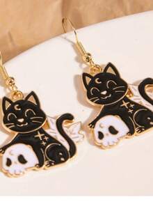 1 Paar minimalistische elegante Katzen- & Regenschirm-Ohrringe mit verspieltem schwarzem Katzen-Charm-Anhänger, Damen-Ohrringe, Damenschmuck - Verschiedenfarbig - Übersicht 2