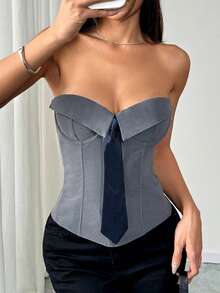 Modern Plain Tray Top With Bow, Girl Style For European Street Looks - Grey - View 6