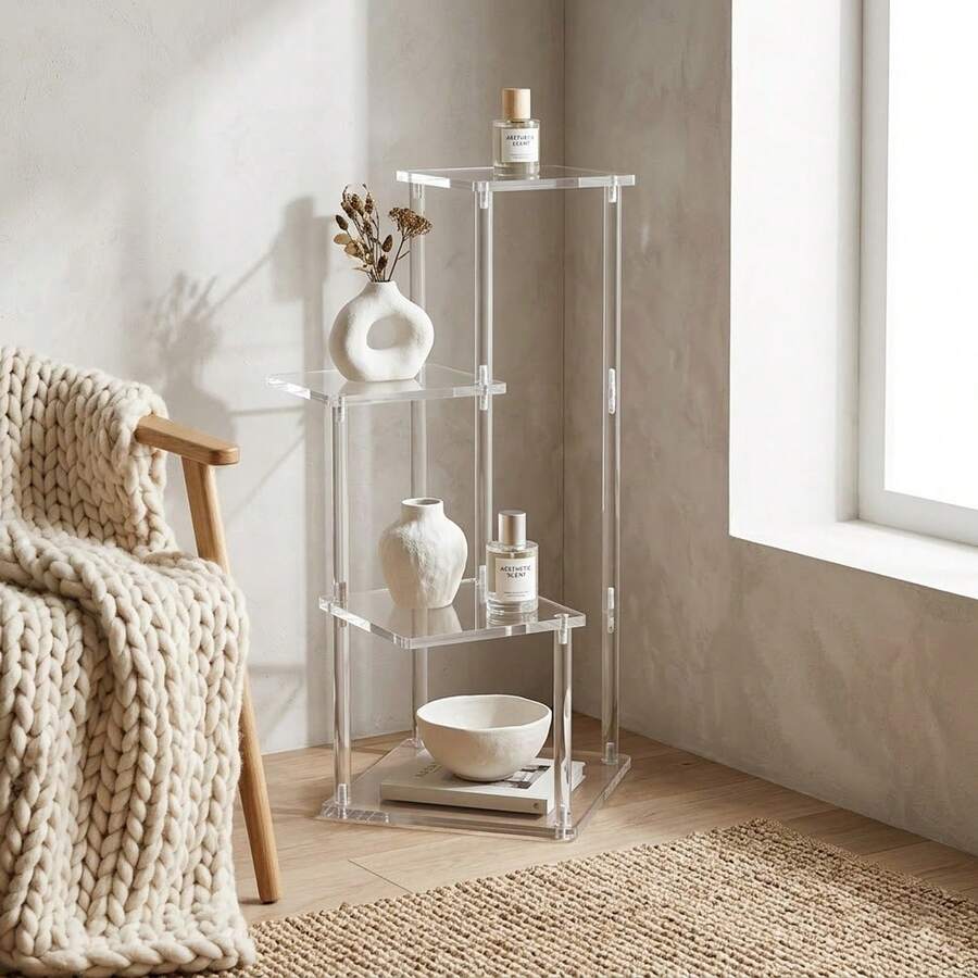 1Pc 4-Tier Acrylic Floor Standing Bookshelf, Clear Modern Display Rack For Living Room, Aesthetic Minimalist Corner Plant Stand, Multi-Layer Storage Organizer For Books, Perfume, Decor, Perfect For Home Decor - Transparent - View 1