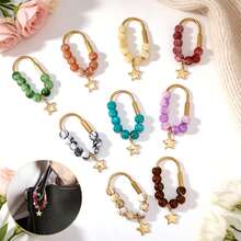 1pc Vintage Marble Acrylic Beaded Bag Charm With Star Pendant, U-Shaped Spring Gate Ring Colorful Beads Keychain, Wallet Backpack Decorative Pendant, Aesthetic Style - Multicolor - View 2