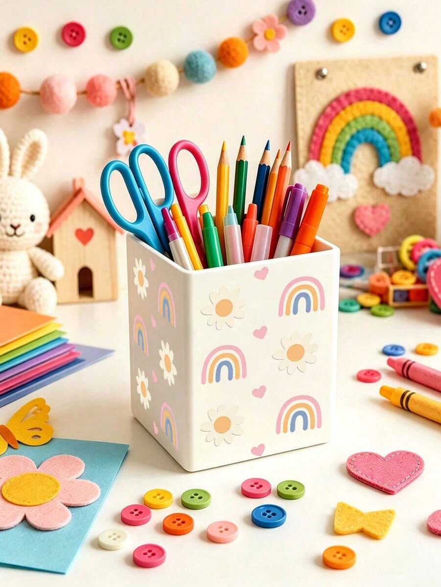 Rainbow Heart Flower Pattern Square White Acrylic Pen Holder, Minimalist Fashionable Makeup Brush And Pencil Storage Container. Essential For Teachers, Suitable For Personalized Teacher Gifts, Bridal Gifts, Valentine's Day, Teacher's Day, Bachelorette Party Gift Box, Also For Work, Travel, Office, Events And Other Occasions, As Well As Back To School Essentials, Teacher's Day Gifts - Multicolor - View 1
