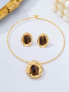 New Exaggerated Oval Rhinestone (Artificial Turquoise) Stud Earrings, Choker Necklace Suitable For Daily Wear, Parties, Banquets, Holiday Gifts - Yellow Gold - View 10