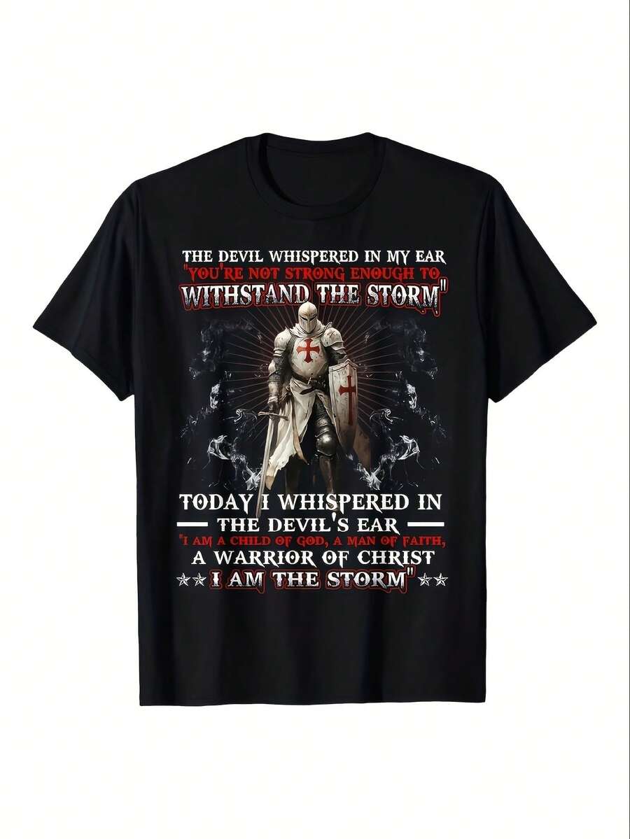 Camiseta de Caballero Templario Cristiano para Hombre - Diseño con Versículo Bíblico "Yo Soy la Tormenta" y Caballero Medieval con Cruz, Corte Holgado, Manga Corta Cómoda, Ropa Casual para I - Negro - Ver 1