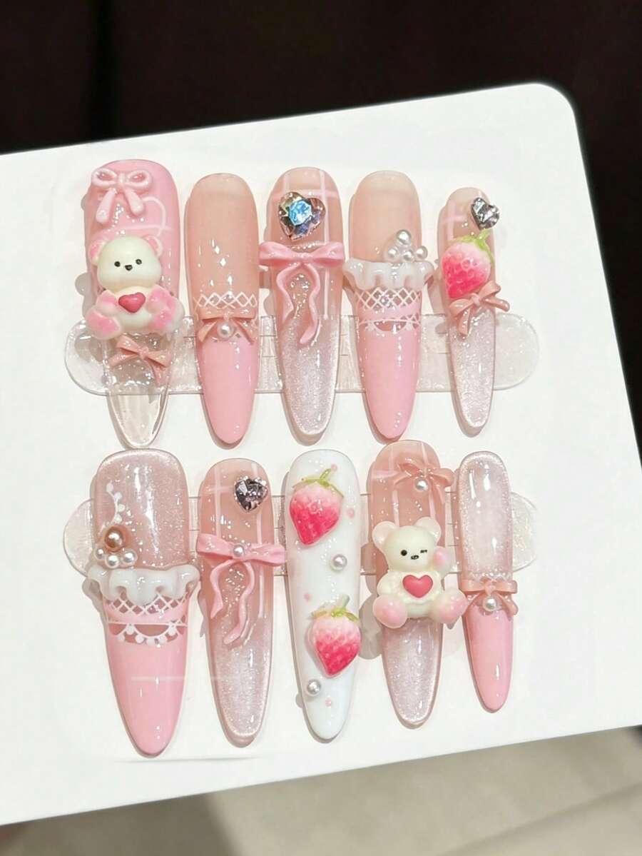 10pcs Handmade Pointed Nail Stickers, Exquisite Fake Nails, [Cute Bear] Dreamy Pink Cartoon Bear Bow Lace Heart Rhinestone Sweet Cute Long-Lasting Nail Art, Perfect Choice For Daily, Banquet, Party
