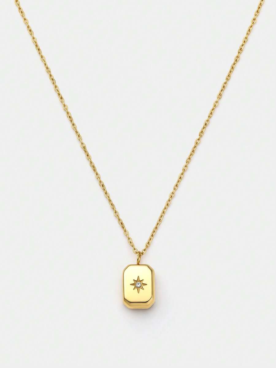Ashenrae Stainless Steel Waterproof & Fade-Resistant Women's Octagram Gemstone Rectangular Block Necklace, Suitable For Daily Wear - Eight-pointed Star - View 1