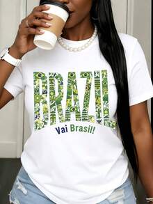 Estilo Brasileño, Camiseta, Diseño Vibrante con Motivos Nacionales, para Mujer, Uso Casual - Blanco - Ver 1