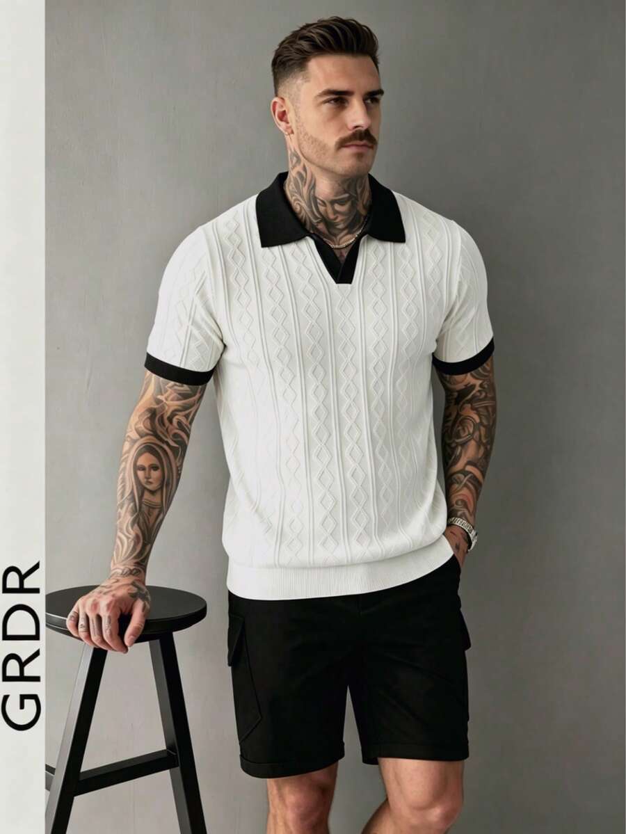GRDR 男士 Polo 领撞色滚边针织短袖上衣 - 时尚休闲 T 恤 - 白色 - 查看 1