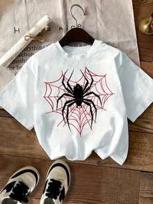 1 Piece Fashion Casual For Men And Women New Women's Round Neck T-Shirt, Short Sleeve, Loose, Casual And Versatile With Spider Print Soft Fabric With Good Drape, Versatile, Easy - 白色 2 - 查看 1