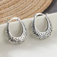 1 paire de boucles d'oreilles anneaux texturées vintage à la mode, grandes boucles d'oreilles rondes, convient pour le port quotidien décontracté, cadeau surprise parfait pour elle - Argent ancien - Voir 8