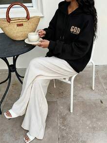 God Letter Print Pattern Sweatshirt, Plus Size Women's Casual Autumn/Winter Long Sleeve Pocket Hooded Sweatshirt Black - Black - View 7
