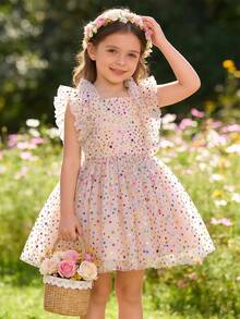 Young Girl Cute Polka Dot Ruffle Champagne Mesh Party Dress For Stage Performance, Birthday Party, Wedding, Vacation - Apricot - View 1