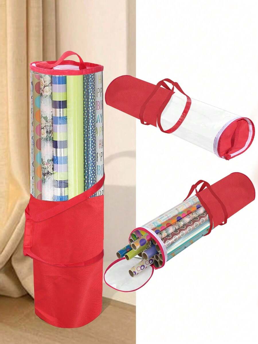1pc Transparent Gift Packaging Storage Bag With Handle, PVC Wrapping Paper Storage Bag, Easy-To-Carry Cylindrical Container, Transparent Christmas New Year Gift Packaging Organizer Bag - Half Red - View 1